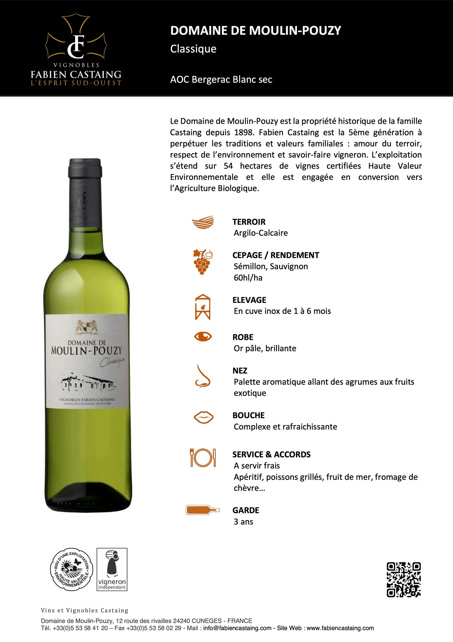 Domaine de Moulin-Pouzy Tradition Bergerac blanc 2021